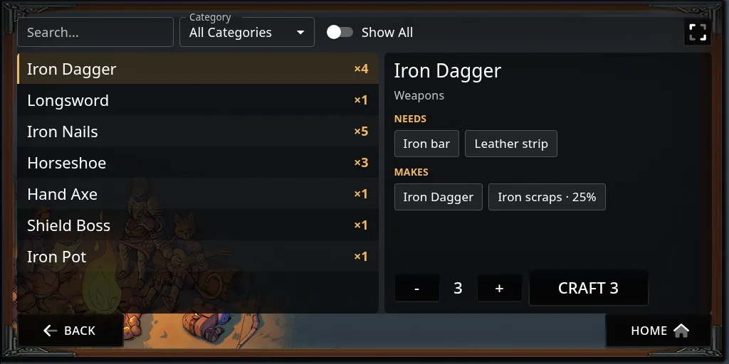 The crafting page: the recipes you can make on the left with how many of each, and the picked recipe’s NEEDS and MAKES on the right, set to Craft 3