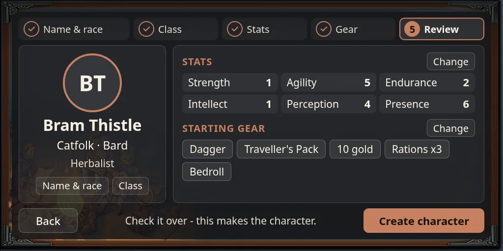 Character creation, last step: the new character's stats and starting gear, with buttons to change any step
