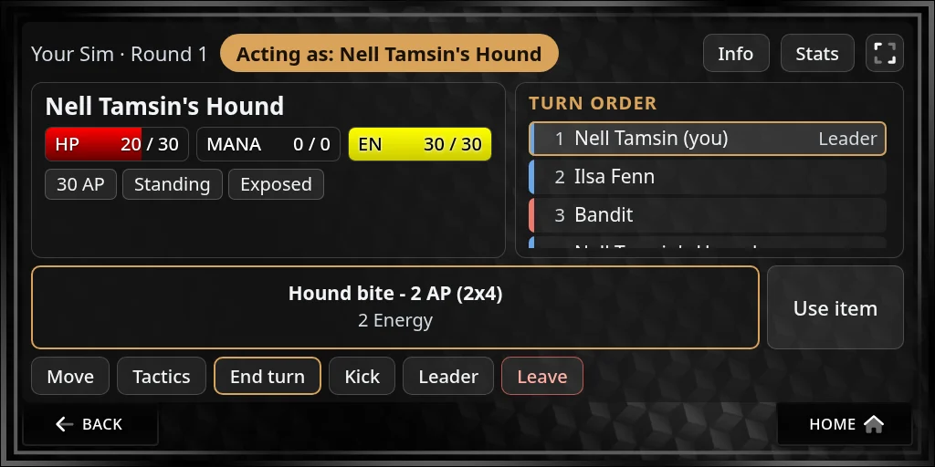 The fight page while commanding: Acting as: Nell Tamsin’s Hound, with the hound’s HP and its one ability, Hound bite - 2 AP (2x4)