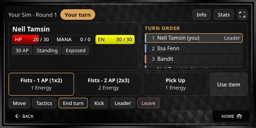 The fight page on your turn: Nell Tamsin with her HP, mana and energy, her abilities, and the turn order with Nell Tamsin, Ilsa Fenn and a Bandit numbered 1 to 3, and Nell Tamsin’s Hound after them