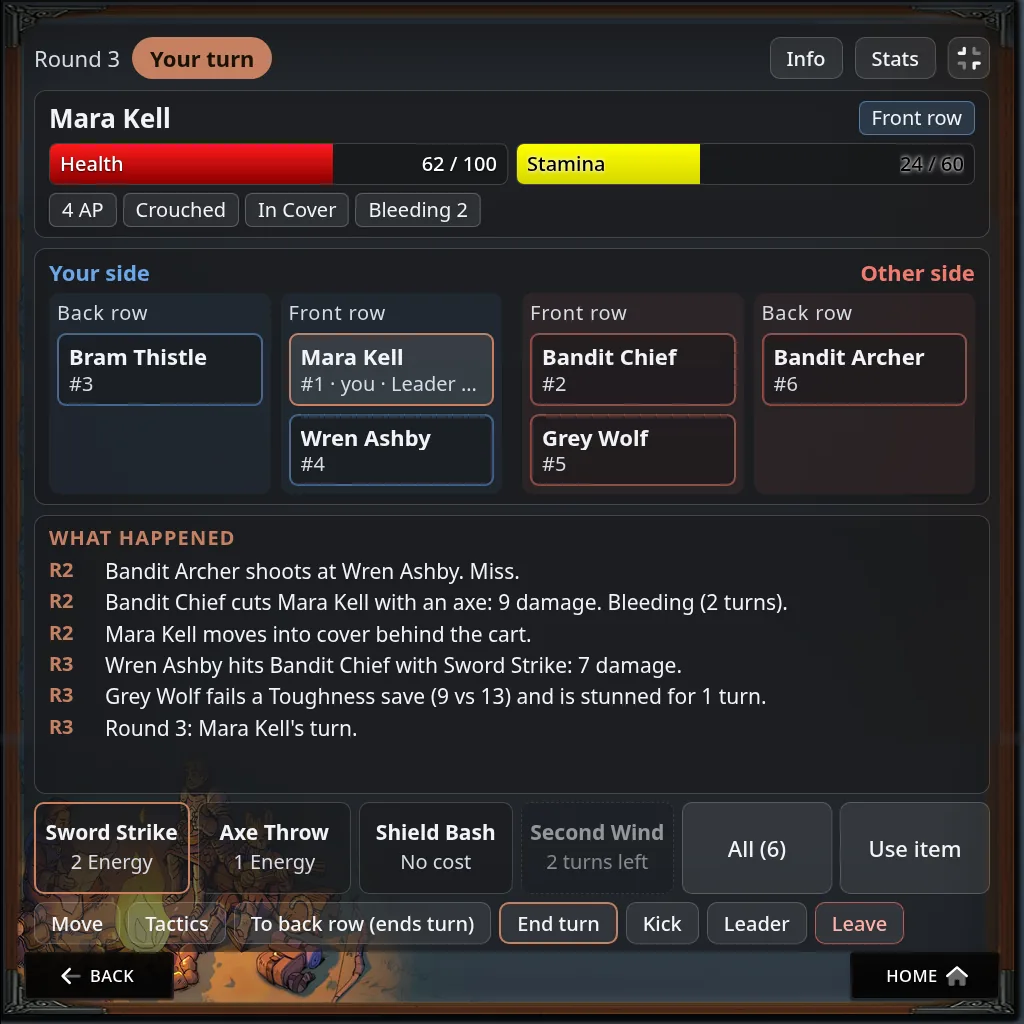 The full-size fight page: both sides in their front and back rows, a log of the last rounds, and the ability buttons
