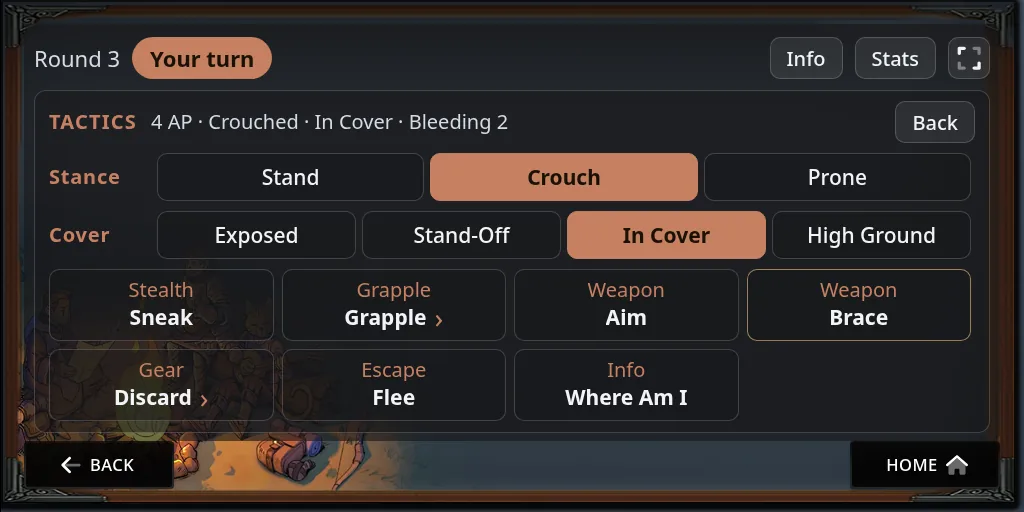 The Tactics panel with the stance and cover rows and the action tiles