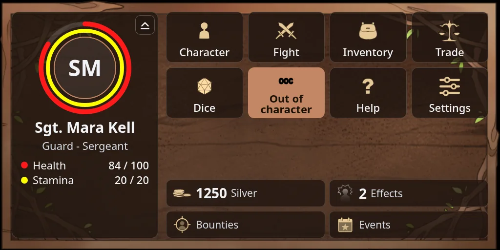 The Home screen in the Portrait layout with the roleplay mode button showing Out of character