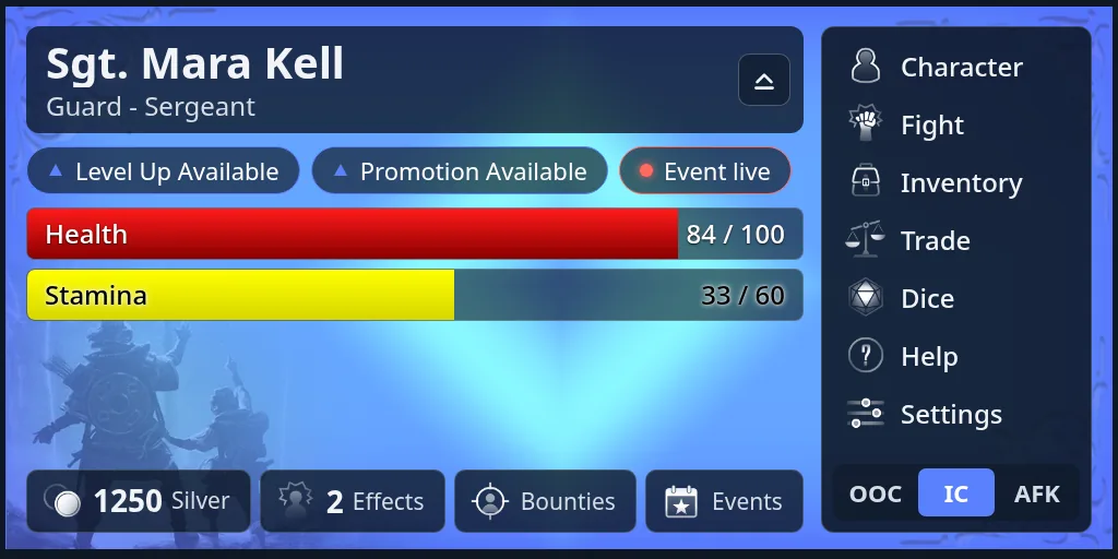 Side menu layout: buttons down the side with their names, and wide bars