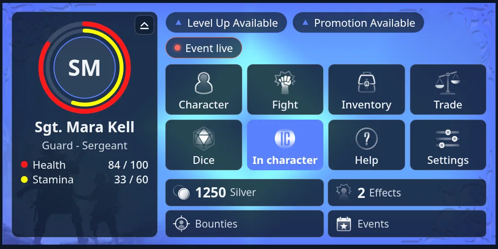 The HUD's Home screen with a portrait ring and large tile buttons, in a blue theme