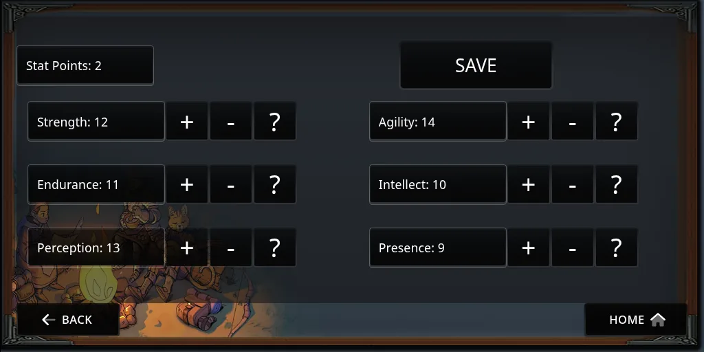 The Level Up page with 2 stat points to spend, Save at the top, and each stat with its +, - and ? buttons