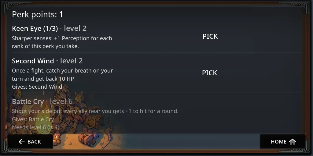 The Perks page with 1 perk point: two perks with Pick beside them, one at rank 1/3, and a greyed-out perk that needs level 6