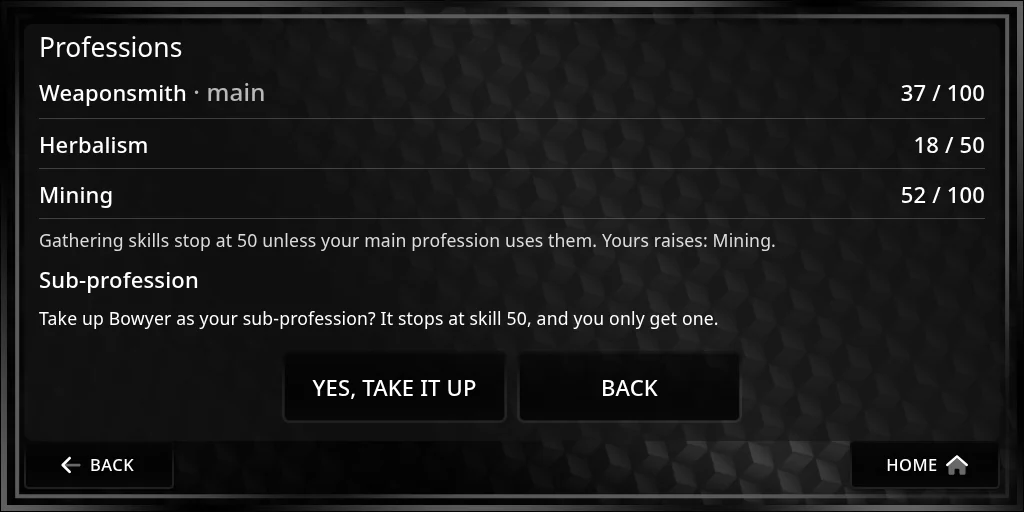 The Professions page asking: Take up Bowyer as your sub-profession? It stops at skill 50, and you only get one, with Yes, take it up and Back
