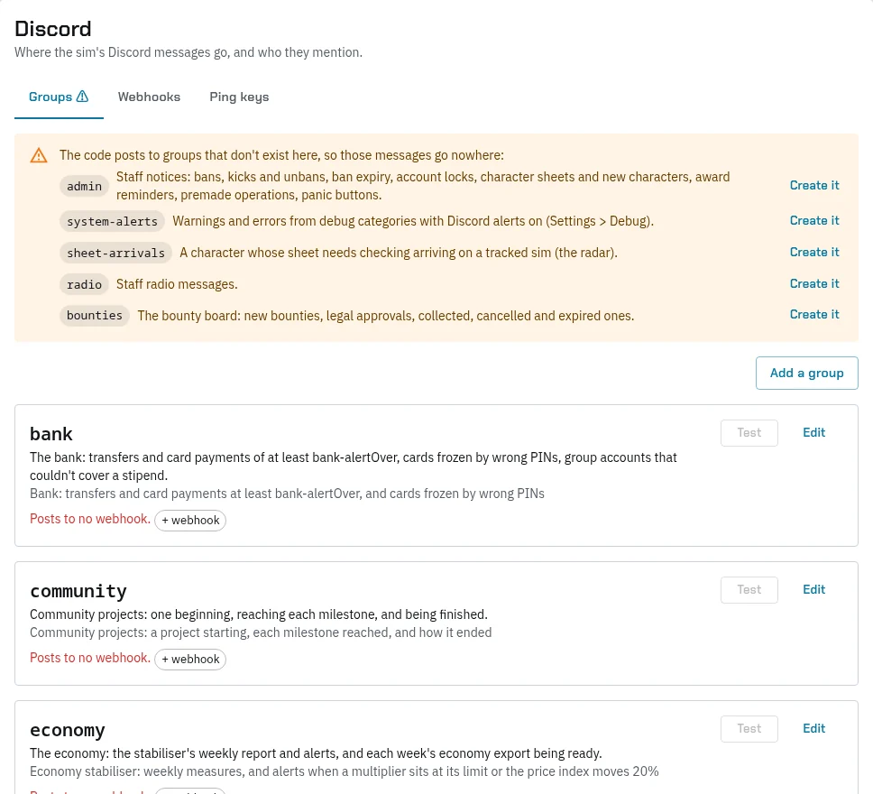 The Discord page on its Groups tab: a warning that the code posts to groups that don’t exist here (admin, system-alerts, sheet-arrivals, radio, bounties), each with Create it; Add a group; and the bank, community and economy groups, each posting to no webhook yet