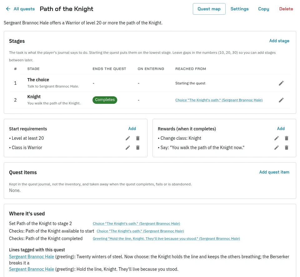 A quest open for editing: Path of the Knight with its two stages (The choice, then Knight, which completes the quest), its start requirements (level at least 20, class is Warrior), its rewards (change class to Knight and a line said), quest items, and where it’s used: the conversation choices that start and move it