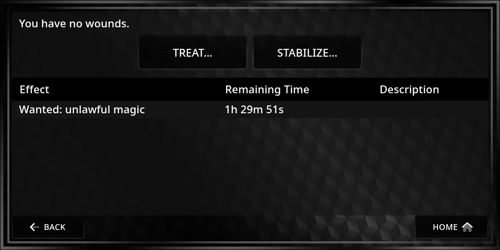 The Status page with no wounds, and the effect Wanted: unlawful magic with 1h 29m 51s left