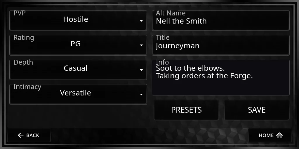 The Titler page: lists for PVP (Hostile), Rating (PG), Depth (Casual) and Intimacy (Versatile) on the left; Alt Name, Title and two lines of Info on the right, with Presets and Save