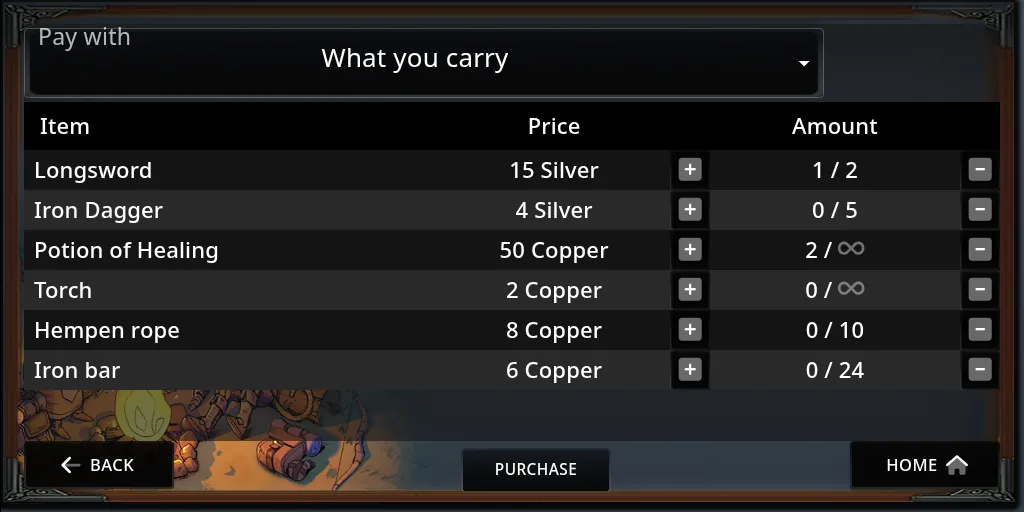 A shop’s Buy page paying with What you carry, each item’s price, + and - beside the Amount column of picked and in stock, and Purchase at the bottom